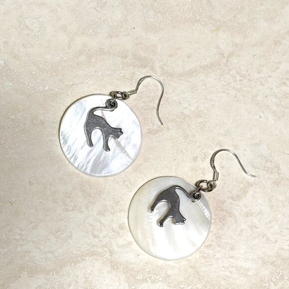 2/$20, Mother of Pearl Cute Slim Cat Dangle Earrings + Sterling Silver Hooks - Picture 1 of 7